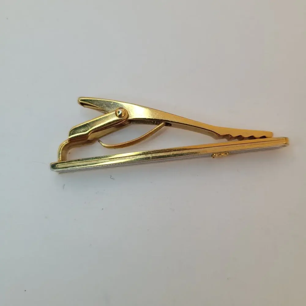 Celine Triumph Tie Bar Clip Clasp Gold Silver Tone 2in Logo Vintage Stripped - Picture 4 of 7